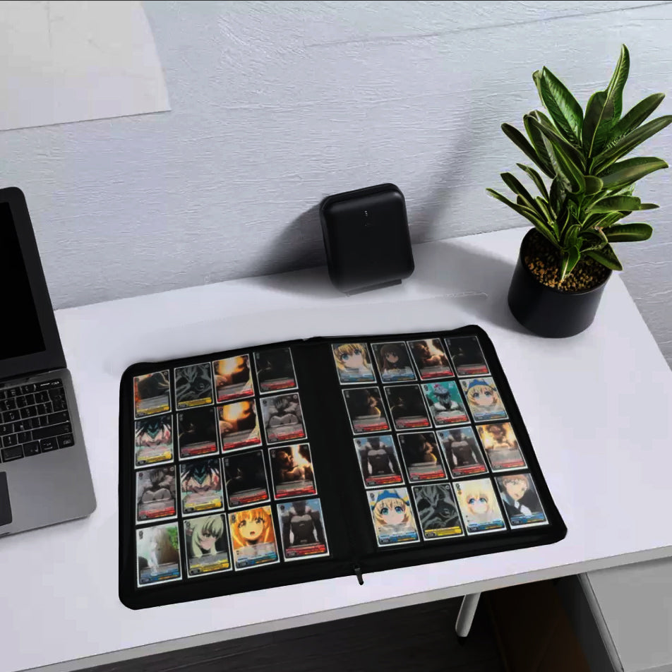 a binder of cards sits on a table. it has 16 slots on each page.