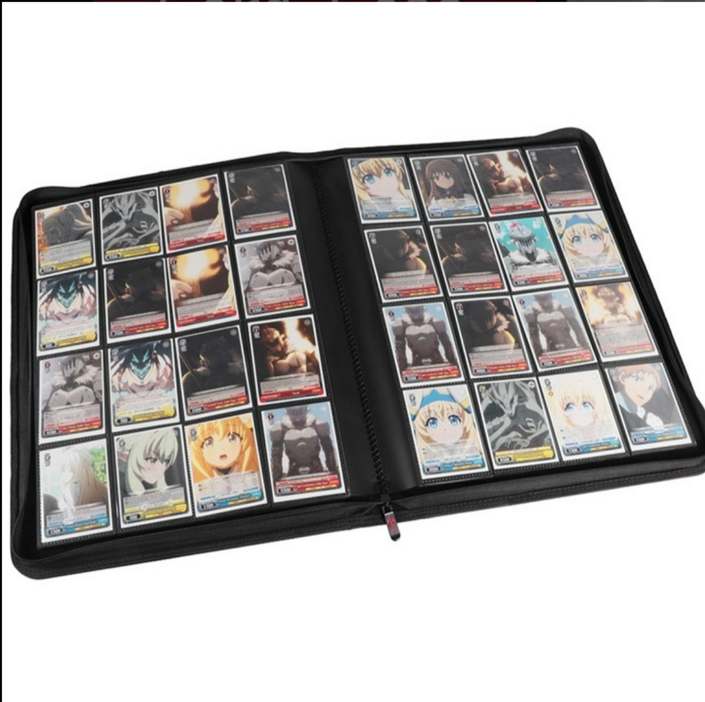 a stock image showing a black card binder with 16 slots on each page.
