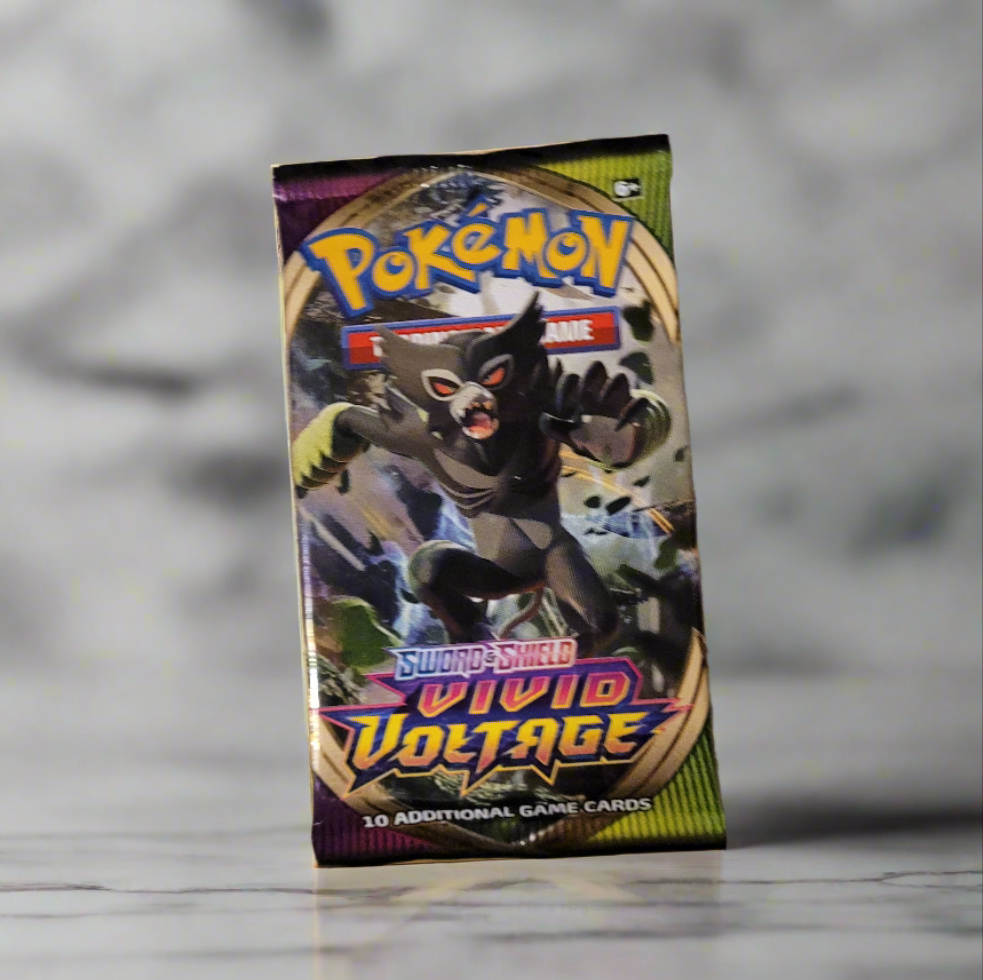 A pack of vivid voltage cards is shown in front of a gray marble backdrop.