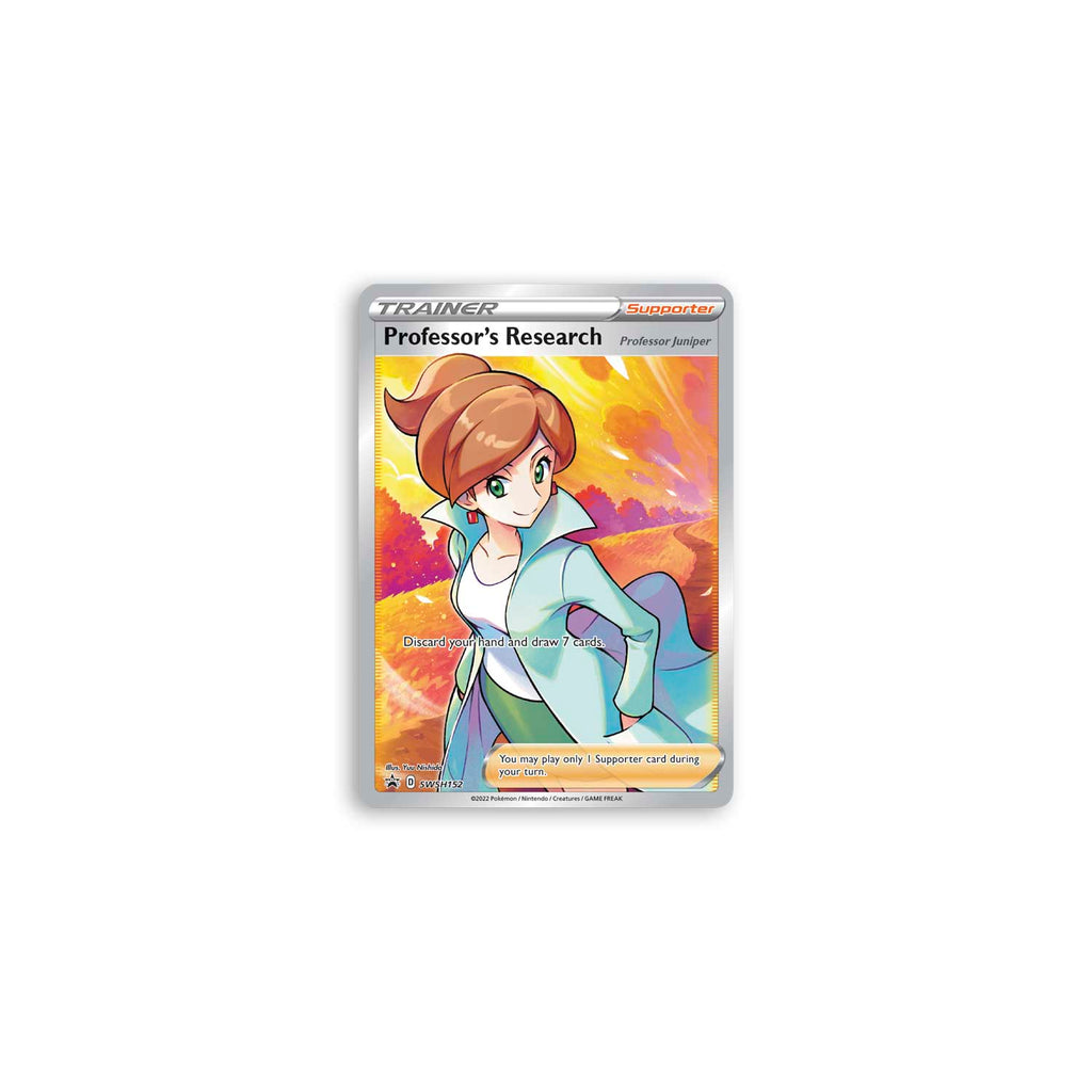 This is the full-art promo card from the box. It showcases Professor Juniper against a flurry of orange and magenta foil coloured background