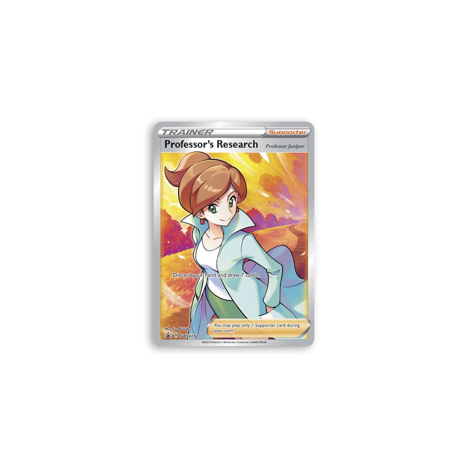 This is the full-art promo card from the box. It showcases Professor Juniper against a flurry of orange and magenta foil coloured background