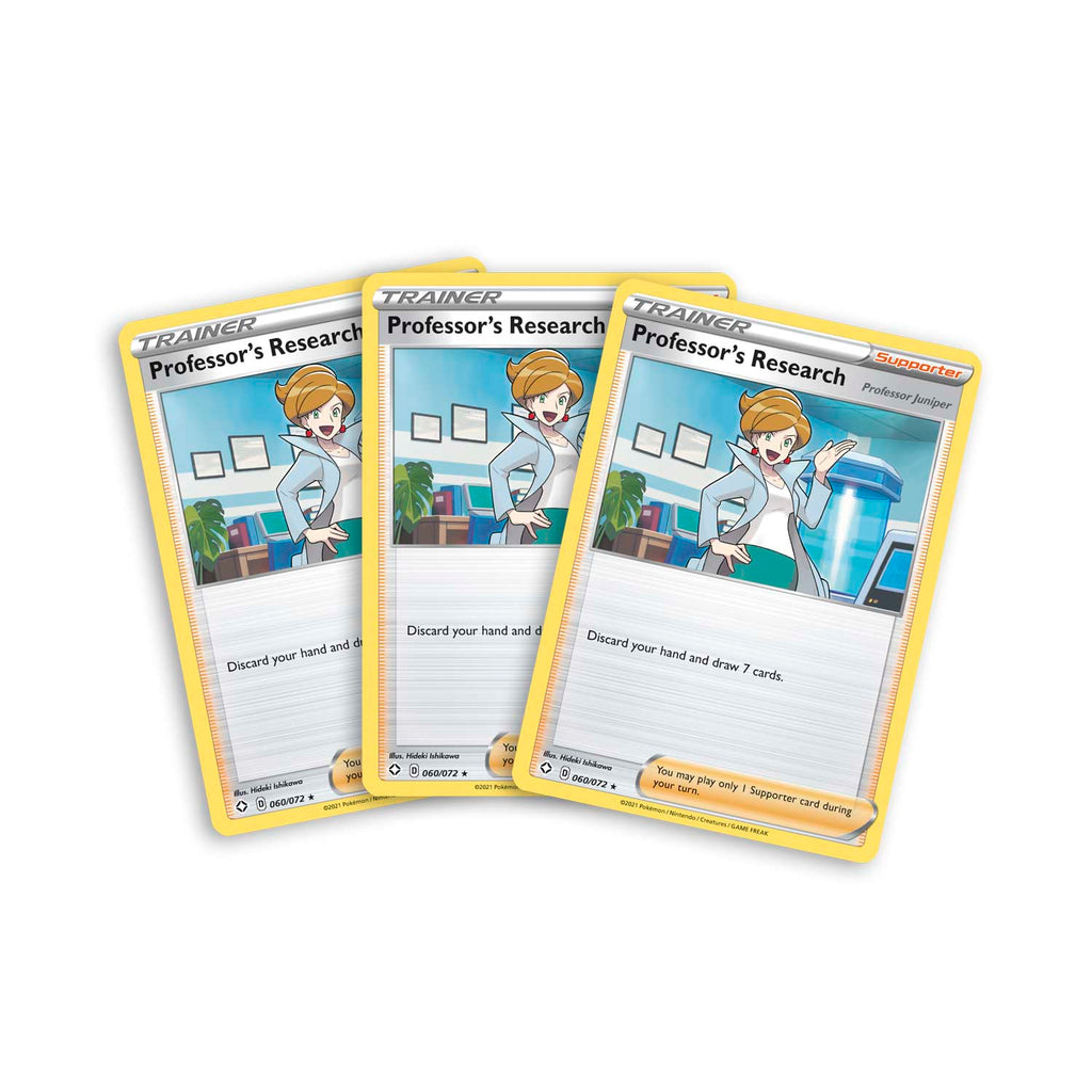 This image shows 3 of the Professor's Research foil cards included in the box. These foil cards were not available in the original version of the Shining Fates release, as only the reverse foils were available.