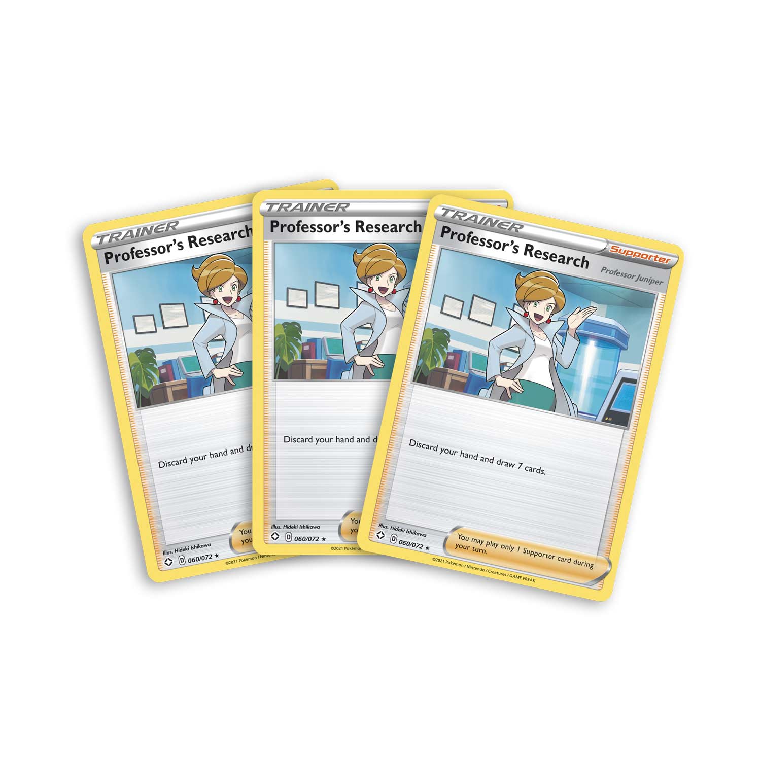 This image shows 3 of the Professor's Research foil cards included in the box. These foil cards were not available in the original version of the Shining Fates release, as only the reverse foils were available.
