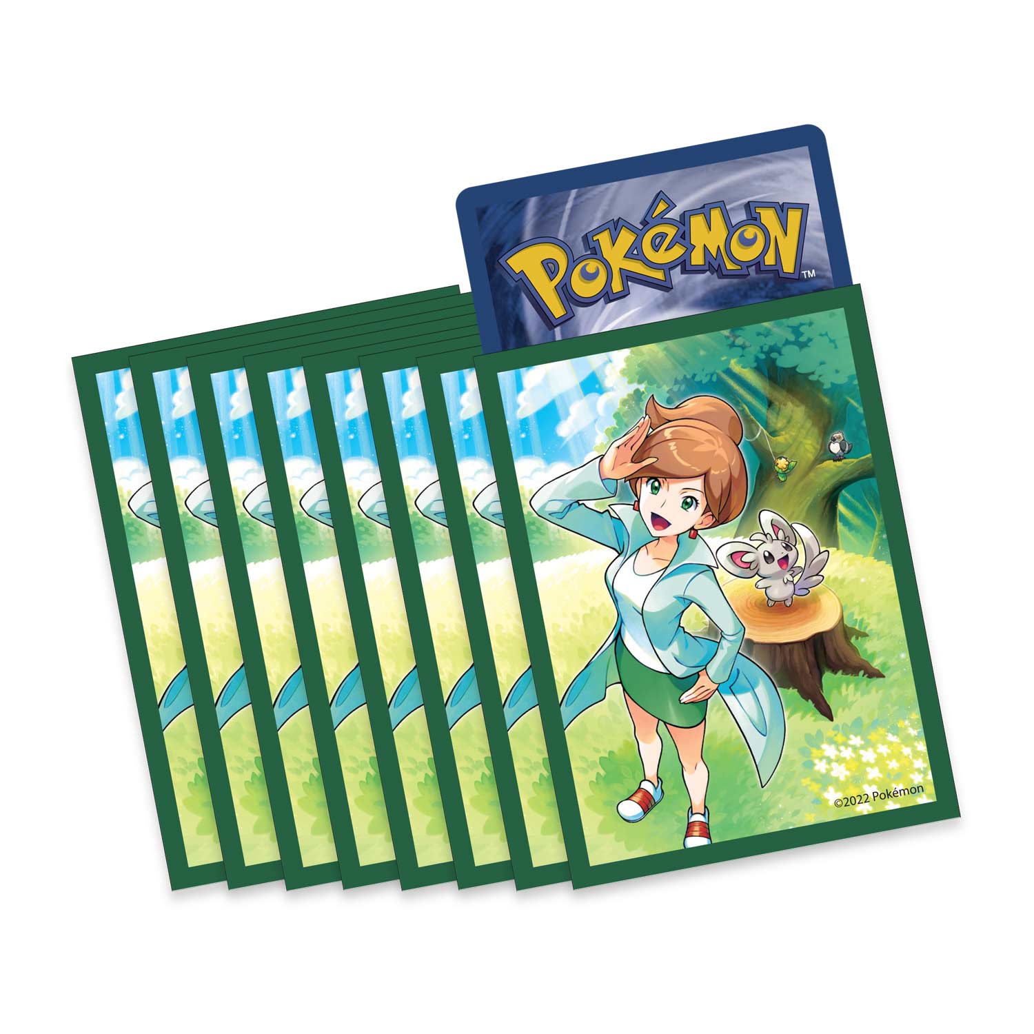 Deck sleeves showing professor Juniper hanging out with a Cinccino while being watched by a Pidove in the background