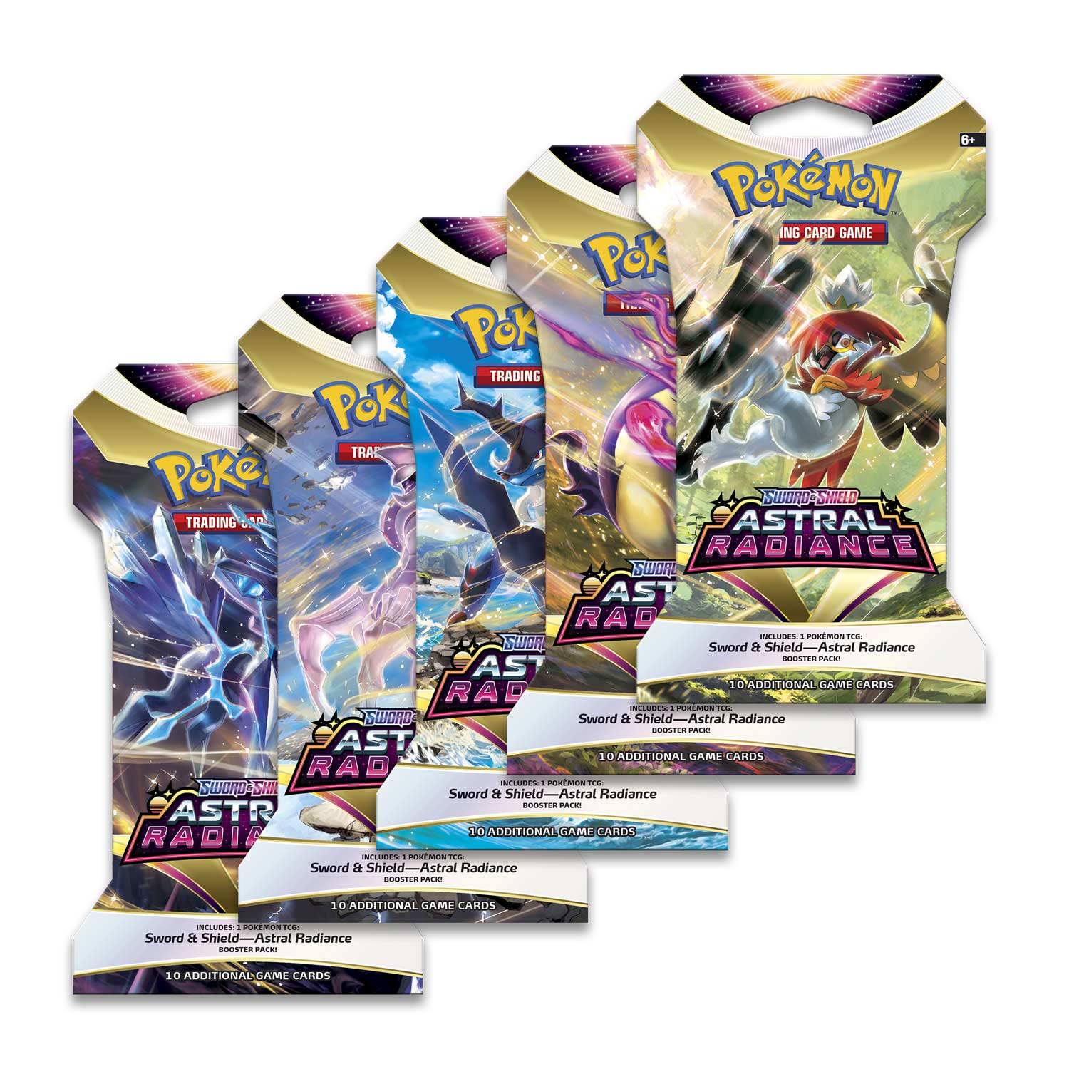 This image depicts 5 variants of astral radiant pokemon card packs - there are 5 different art versions: Hisuian Typhlosion, Hisuian, Samurott, Hisuian Decidueye, Palkia, and Dialga.