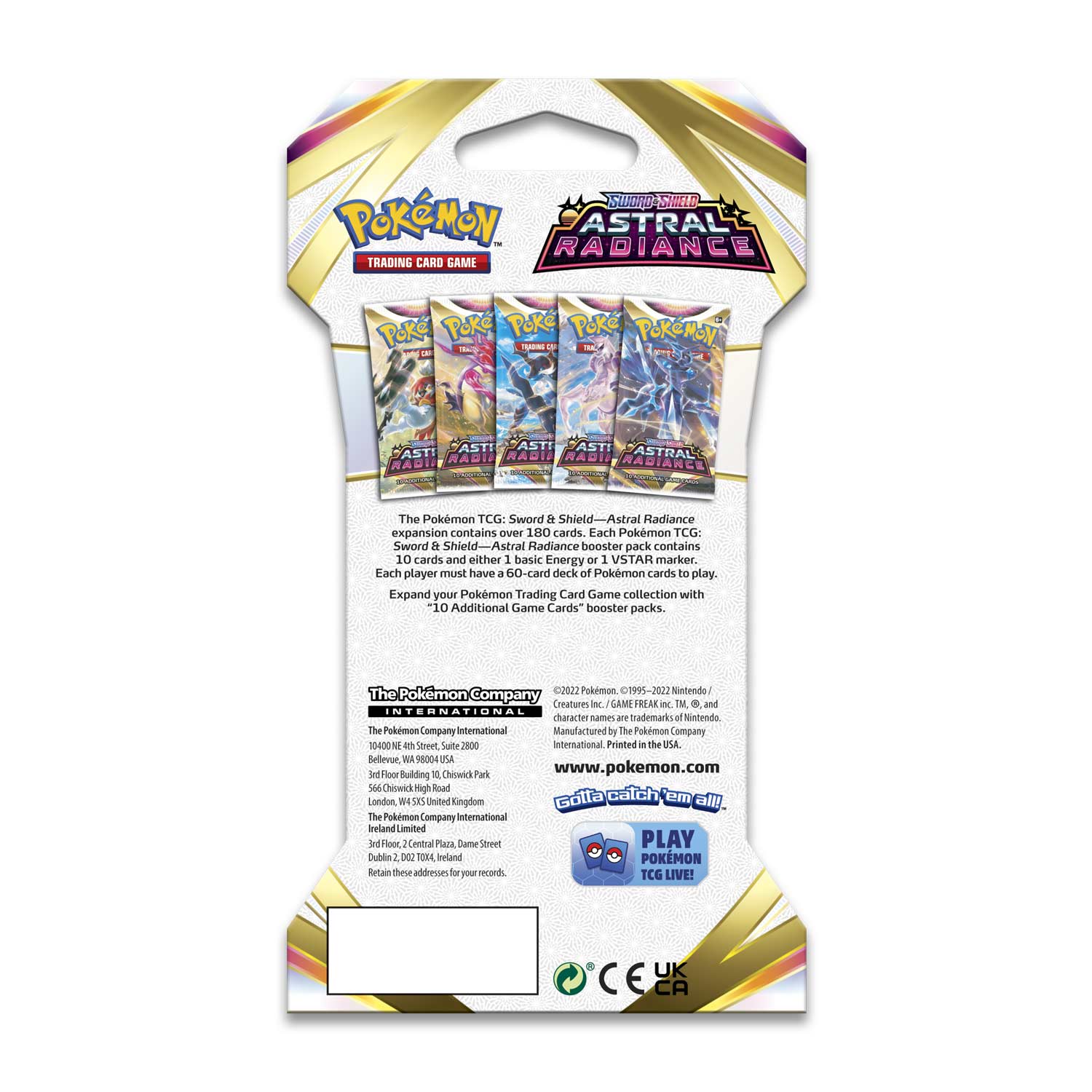 back side of a single blister shows available variants and explains that there are 10 cards in each pack along with either an energy or VStar card as well.