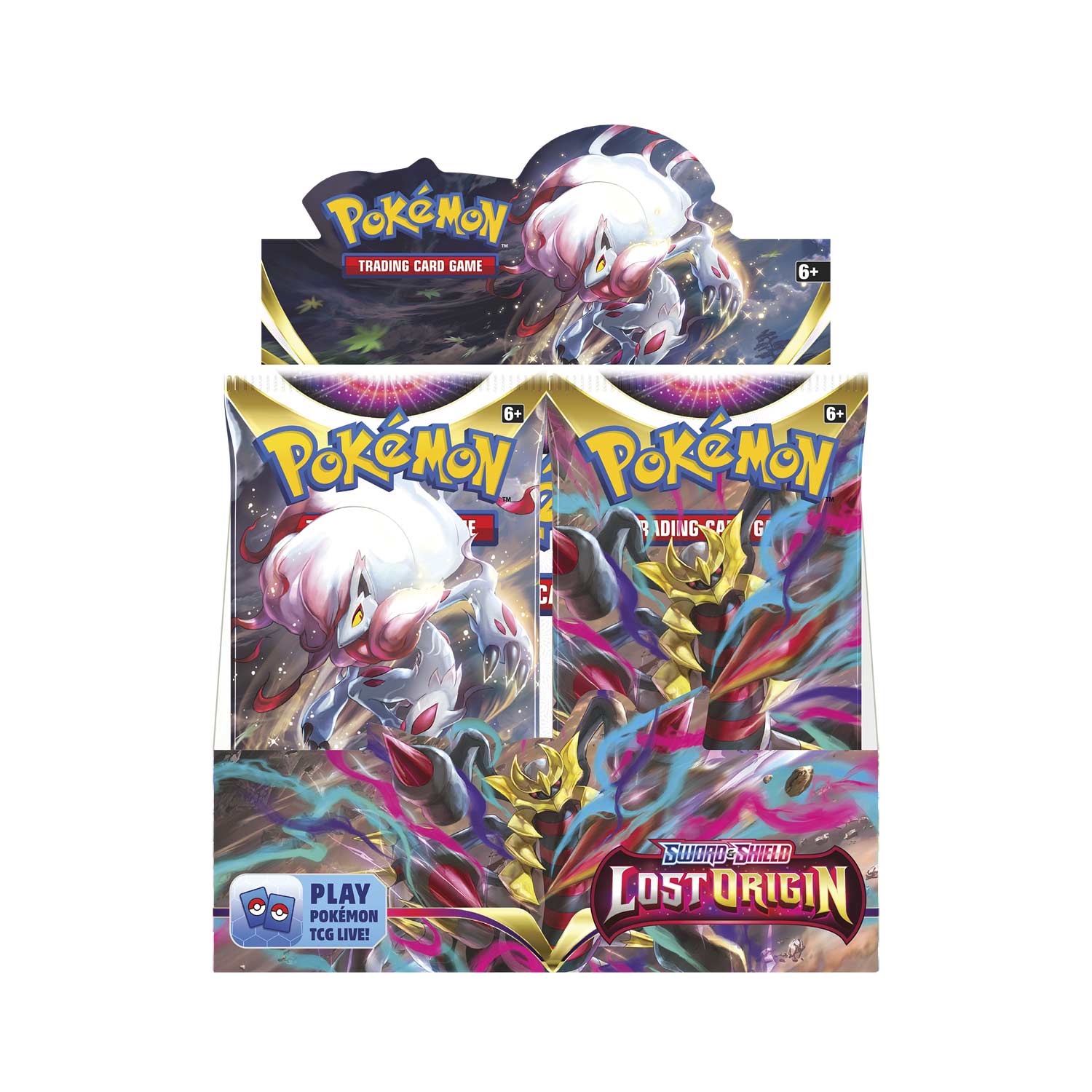 front view of lost origin booster box. Each box contains 36 packs of cards. Each pack contains 10 cards, in addition to an Energy or Vstar card. 