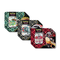 image of 3 tins, including charizard ex, great tusk ex, iron treads ex