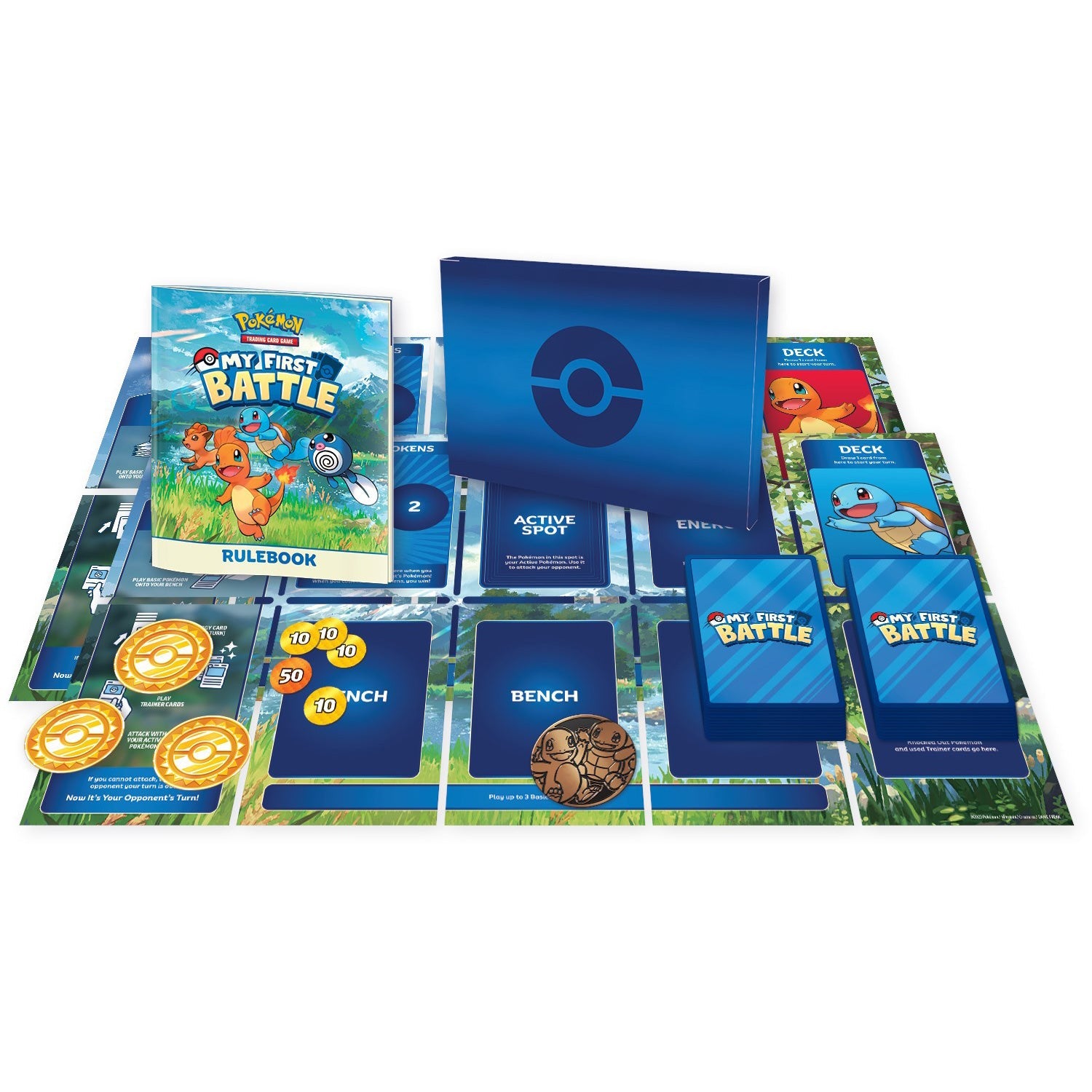 the contents of the box include a rulebook, paper playmat, counters, a coin, and a 17-card deck.
