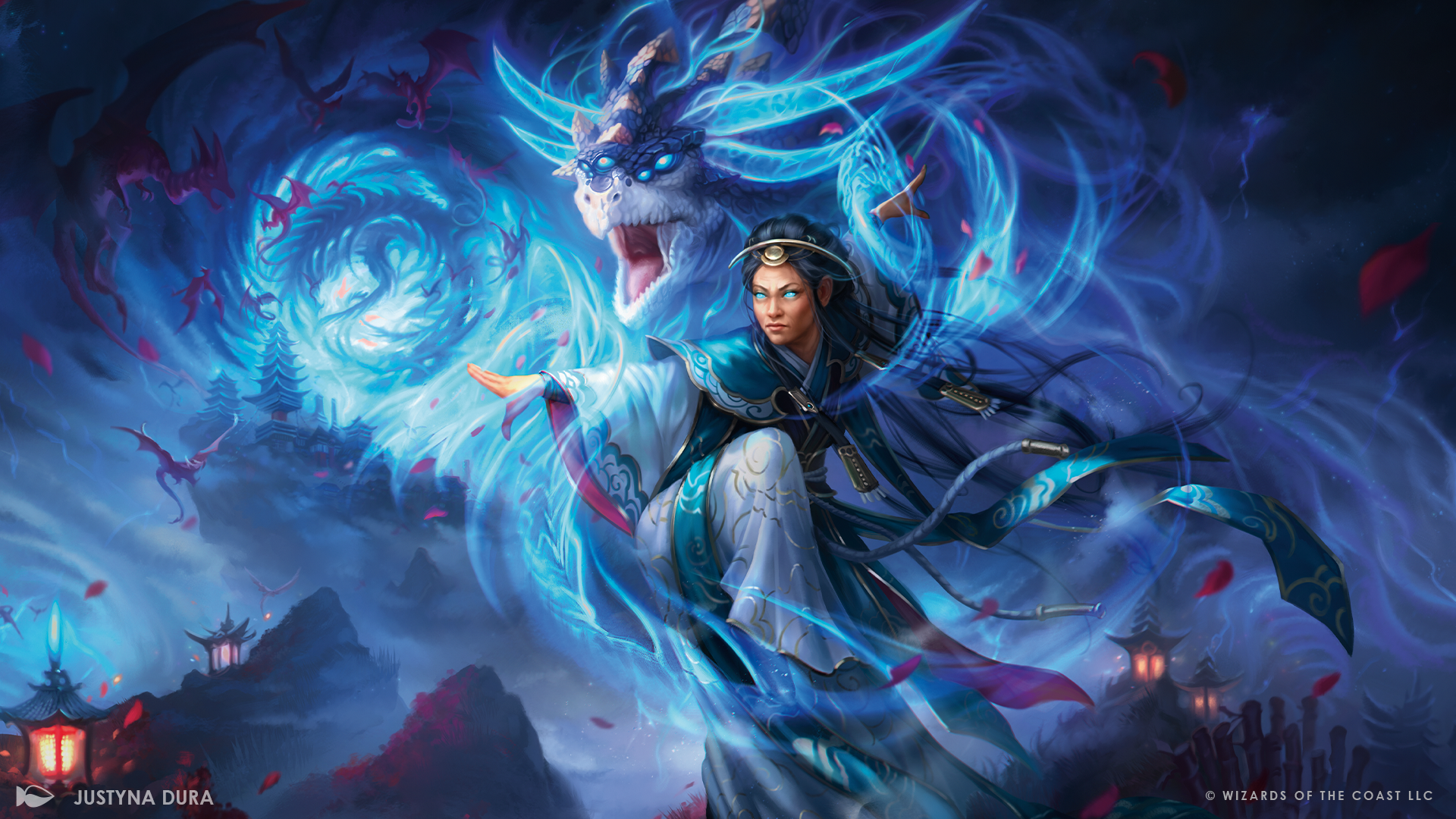 Fantasy artwork of a warrior with a dragon, set against a dark, mystical background.