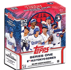 A white red and blue box bearing the Topps logo has many players dressed in the dodgers outfits. 