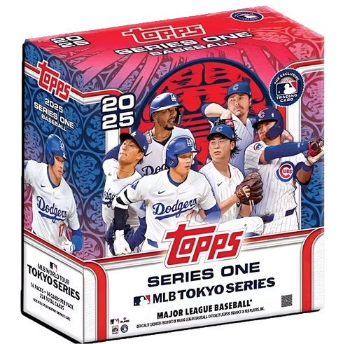 A white red and blue box bearing the Topps logo has many players dressed in the dodgers outfits. 