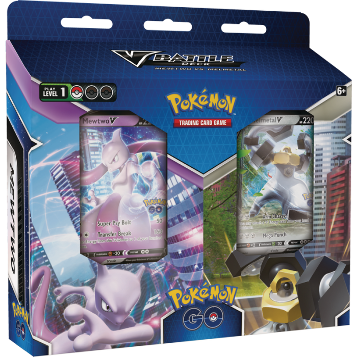 front view of the mewtwo vs. melmetal battle deck bundle. It shows both promo cards.