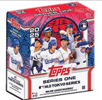 A white red and blue box bearing the Topps logo has many players dressed in the dodgers outfits. 