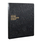 the cardfolio consists of an embossed leatherette with stitching around the edges. it shows famous cards from the sword and shield era embossed into the cover.
